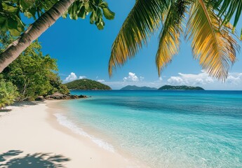 Pristine Tropical Beach with Palm Trees, Clear Blue Water, Serene Landscape, Golden Sand, and Lush Green Islands under a Bright Clear Sky