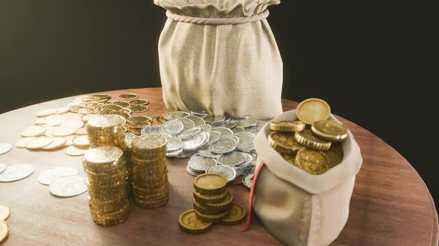 3D animation showing a table full of gold and silver coins