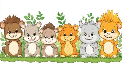 Naklejka premium Cute cartoon animal friends in a garden setting, perfect for children's book illustrations or cheerful nursery decor with whimsical charm