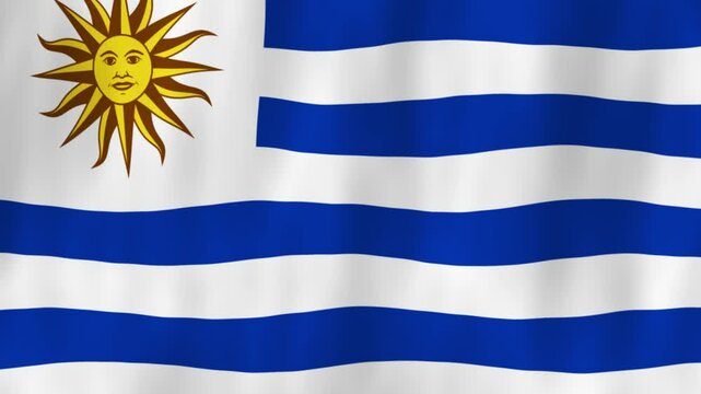 Uruguay flag country animation 3D symbol design waving in wind movement national patriotism world culture emblem banner republic South America blue white stripes sun crest emblem