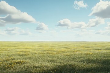 Obraz premium Expansive grassland stretches under a vast, sunny sky.