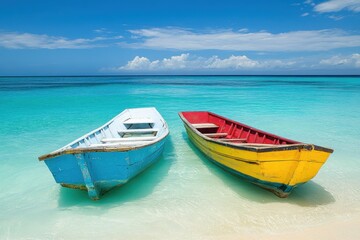 Naklejka premium Two Brightly Colored Boats Floating on Clear Tropical Water. Blue and Yellow Wooden Rowboats on Shallow Beach Shore with Turquoise Sea and Sunny Blue Sky, Peaceful Summer Vacation and Island Paradise 