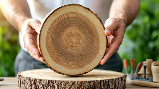 Man holding a round wooden log slice in a workshop with greenery in the background. Concept of woodworking, natural materials, craftsmanship, and sustainable design