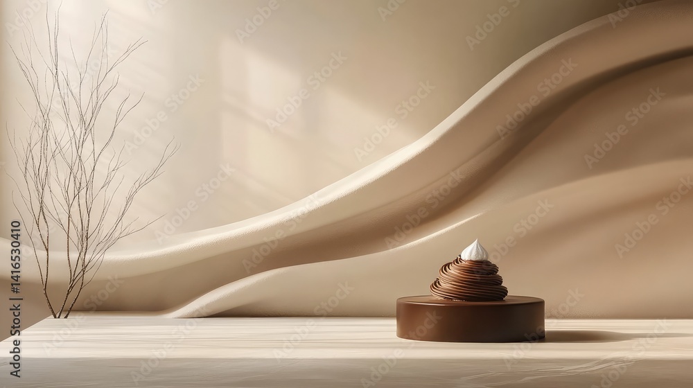Poster abstract composition with a single luxury dessert on center stage surrounded by soft light. elegant 