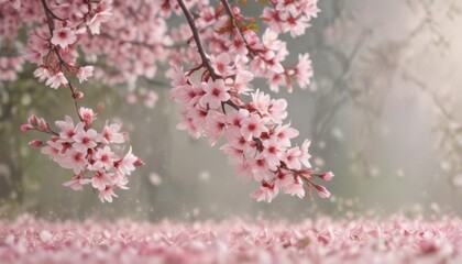 Fototapeta premium Delicate pink sakura petals drift on soft-focus spring background , nature background, cherry, falling
