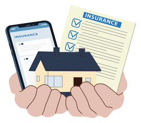 Vector illustration depicting home insurance, with a house and insurance documents held in two hands, highlighting the concept of protection and policy management in the digital age.