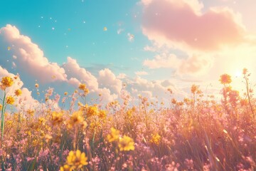 Obraz premium Pastel-hued meadow blossoms under a vibrant sky.