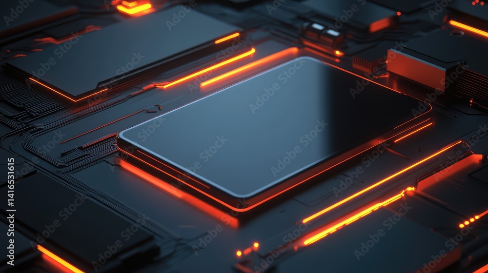 Poster a clean, minimalist desk with a digital tablet and glowing circuits in the background, symbolizing t