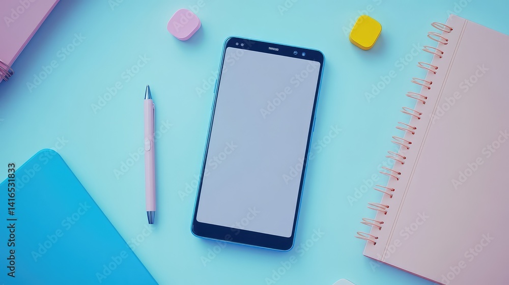 Poster a close-up of a smartphone with a blank screen, alongside a pen and notebook, symbolizing the potent