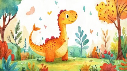 Cute dinosaur in autumnal forest (5)
