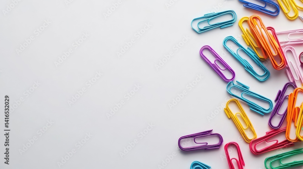 Poster a collection of scattered colorful paperclips on a white desk, symbolizing organization and the stru