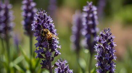 A close-up of purple lavender flowers with a bee pollinating them, against a blurred green background,generative.ai
