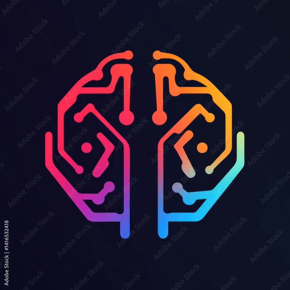 Poster artificial intelligence: digital brain circuit board with vibrant gradient colors on a modern dark b
