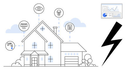 Modern house linked to smart systems including lighting, security, water control, HVAC, and appliances. Ideal for automation, energy efficiency, security, IoT technology innovation simple landing