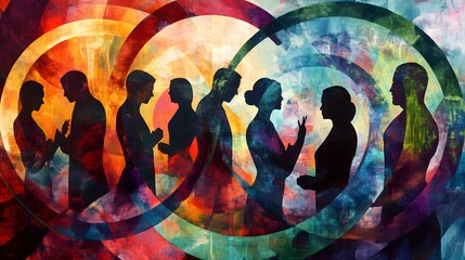 Vibrant Silhouettes Engaging in Conversations: A Colorful Representation of Human Interaction and Connection