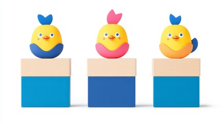 Obraz premium Delightful row of cheerful handmade avian toys on wooden blocks charming birds in a vibrant and playful arrangement whimsical composition minimal style