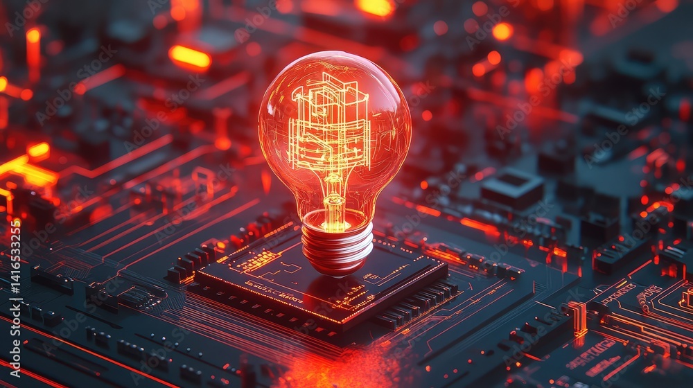 Poster a glowing lightbulb over a futuristic digital circuit board, symbolizing innovative ideas in technol