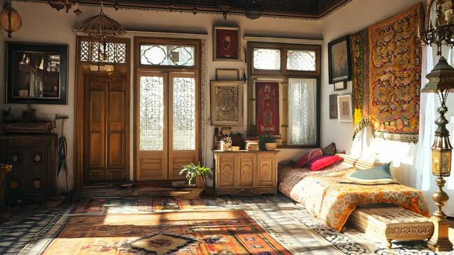 A room with a bed, a couch, a table, and a potted plant. The room is decorated with a lot of pictures and has a cozy, lived-in feel