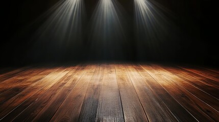 Reddish brown rustic wooden table under spotlight with dark black background, ideal empty surface for product presentation or text montage in horizontal orientation with copy space