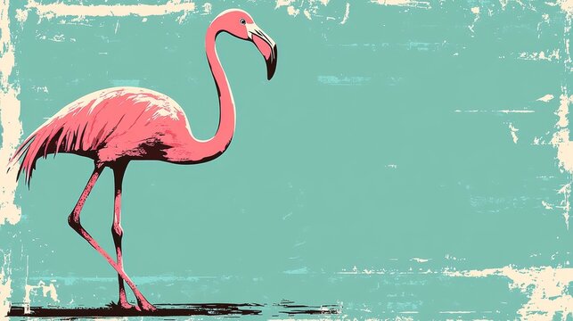 Elegant pink flamingo illustration against a textured turquoise backdrop displaying summer tropical vibe using pixelated vintage effect design