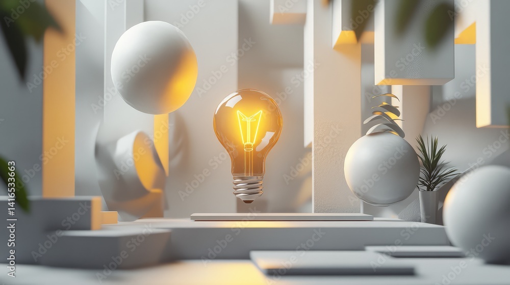 Poster a modern workspace with geometric shapes and a glowing lightbulb, representing futuristic thinking a
