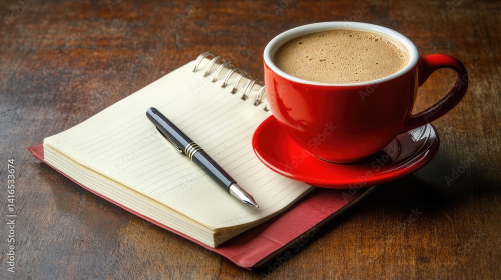 Poster a minimal desk with a cup of coffee, pen, and an open notebook, symbolizing a fresh start for a busi
