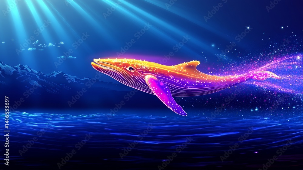 Poster abstract marine whale with colorful bioluminescent patterns in the deep ocean shining underwater wit