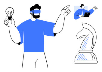 Person wearing VR headset holding lightbulb and pointing, chess knight symbolizing strategy, coworker on laptop. Ideal for innovation, strategy, teamwork, remote work, technology, problem-solving