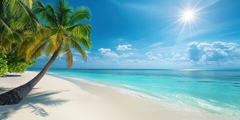 Obraz premium Serene Tropical Beach with Calm Turquoise Water, Palm Trees, Sunlit Sky, and Soft Clouds in a Paradise Setting for Relaxation and Vacation Inspiration