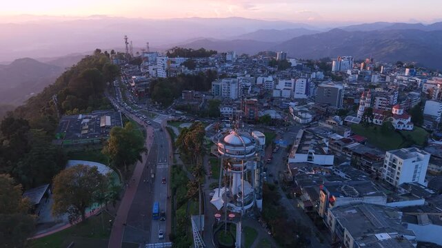 Aerial View Manizales Chipre Neighborhood at Sunset Dolly Forward