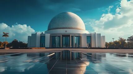 Obraz premium Majestic dome building, tranquil plaza, serene reflection