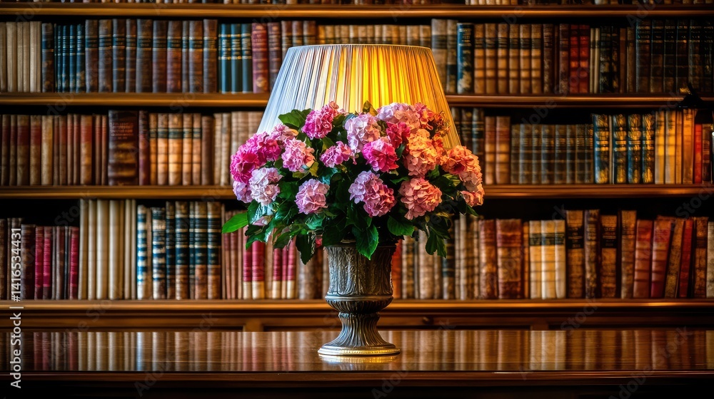 Aufkleber a soft-lit room with an old bookshelf filled with nostalgic books and mementos, and an empty space f