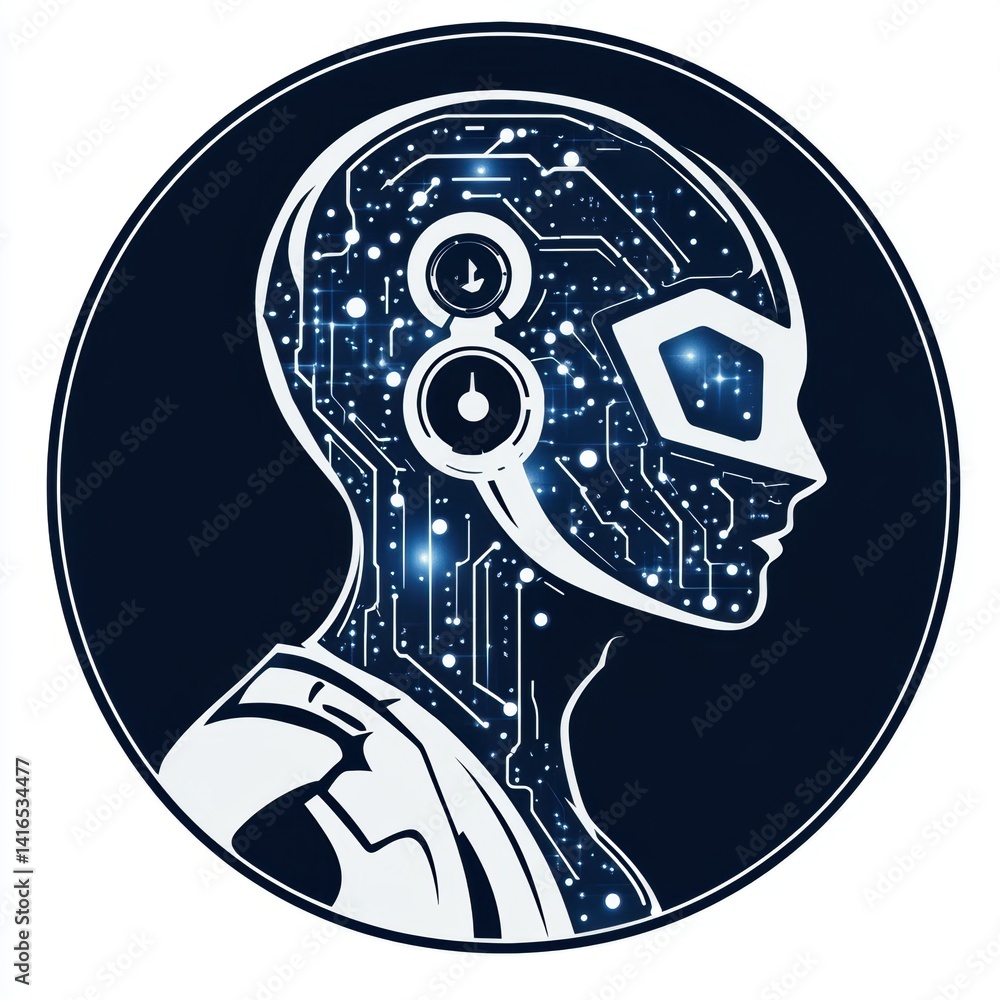 Poster futuristic ai head profile with glowing circuitry in circular design