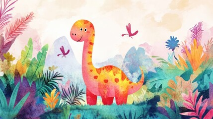 Cute dinosaur in vibrant jungle