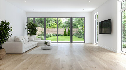 Fototapeta premium Modern living room interior with garden view minimalist design natural light