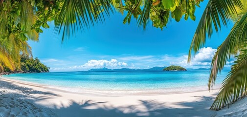 Naklejka premium Serene Tropical Beach with Crystal Clear Water and Lush Green Palm Trees in Bright Sunshine, Ideal for Vacation and Relaxation Imagery