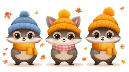Illustrative whimsy featuring a trio of stylized woodland creatures adorned in cozy winter hats and autumnal leaves, a charming seasonal portrayal.