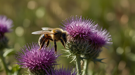 Busy bee gathers nectar from vibrant purple thistle in sun-drenched meadow, picture, pollination,generative.ai
