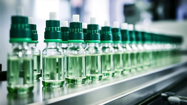 A production line showcasing green-capped bottles filled with liquid in a modern manufacturing facility.