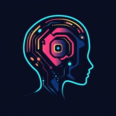 Neon Artificial Intelligence Profile Head Silhouette with Circuit Board Details on Dark Background