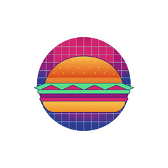 Retro Vaporwave 80s Burger with Grid Background on Transparent Background  