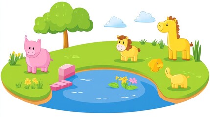 Obraz premium Pixelated Animals by the Pond a whimsical vector illustration of farm and wild animals enjoying a sunny day near a serene waterhole creating a childish atmosphere