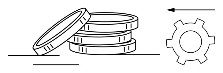 Stack of three coins, gear, and arrow indicating movement or direction. Ideal for finance, progress, economic growth, technology, innovation, productivity simple landing page