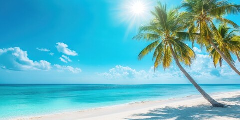 Fototapeta premium Serene Tropical Beach with Palm Trees Under Clear Blue Sky and Vibrant Sunlight Reflecting on Tranquil Ocean Water Surface