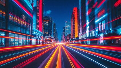 mage is a dynamic, long-exposure photograph capturing a vibrant urban night scene. The layout features a central vanishing point perspective, with streaks of light in red, orange, and white colors