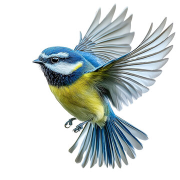 Extreme side view of a perfectly beautiful hyperrealistic single blue tit bird flying mid air isolated on a white transparent background