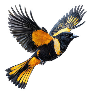 Extreme side view of a perfectly beautiful hyperrealistic single bobolink bird flying mid air isolated on a white transparent background