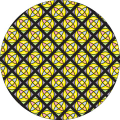 A church stained glass window features a geometric pattern with triangle shapes and vintage color decoration