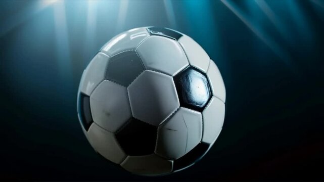 A dynamic soccer ball suspended in mid-air, capturing the essence of the game with dramatic lighting effects.