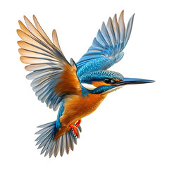 Obraz premium Extreme side view of a perfectly beautiful hyperrealistic single kingfisher bird flying mid air isolated on a white transparent background